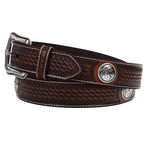 ARIAT Men's Basketweave-Stamped Leather Western Belt with Silver Conchos, Tan, 36 - Image 2