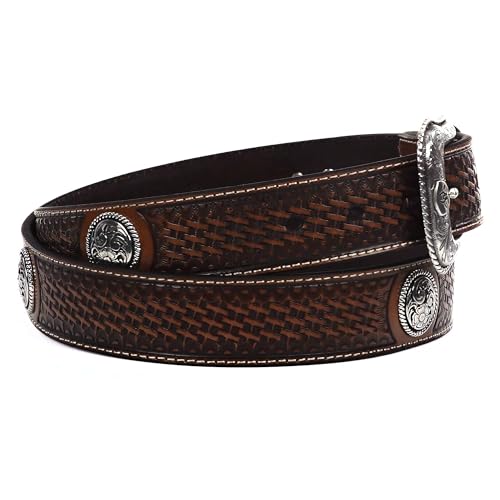 ARIAT Men's Basketweave-Stamped Leather Western Belt with Silver Conchos, Tan, 36 - Image 4