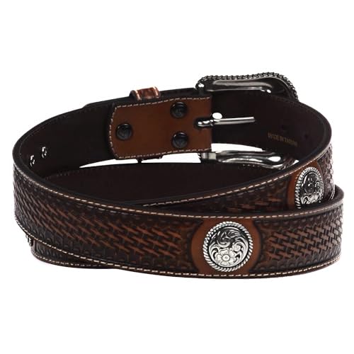 ARIAT Men's Basketweave-Stamped Leather Western Belt with Silver Conchos, Tan, 36 - Image 3