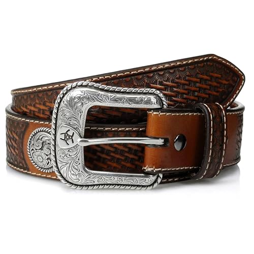 ARIAT Men's Basketweave-Stamped Leather Western Belt with Silver Conchos, Tan, 36 - Image 1