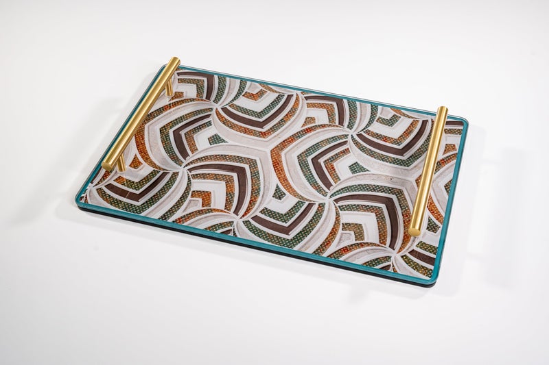 VINCA DECOR VINCA DECOR Elegance Spectrum Glass Serving Tray | Harmonious Blend of Grey, Orange, Turquoise, and Brown with a Plush Suede Base; Matching Tissue Holder Available to Enhance Your Home Decor  - Image 1