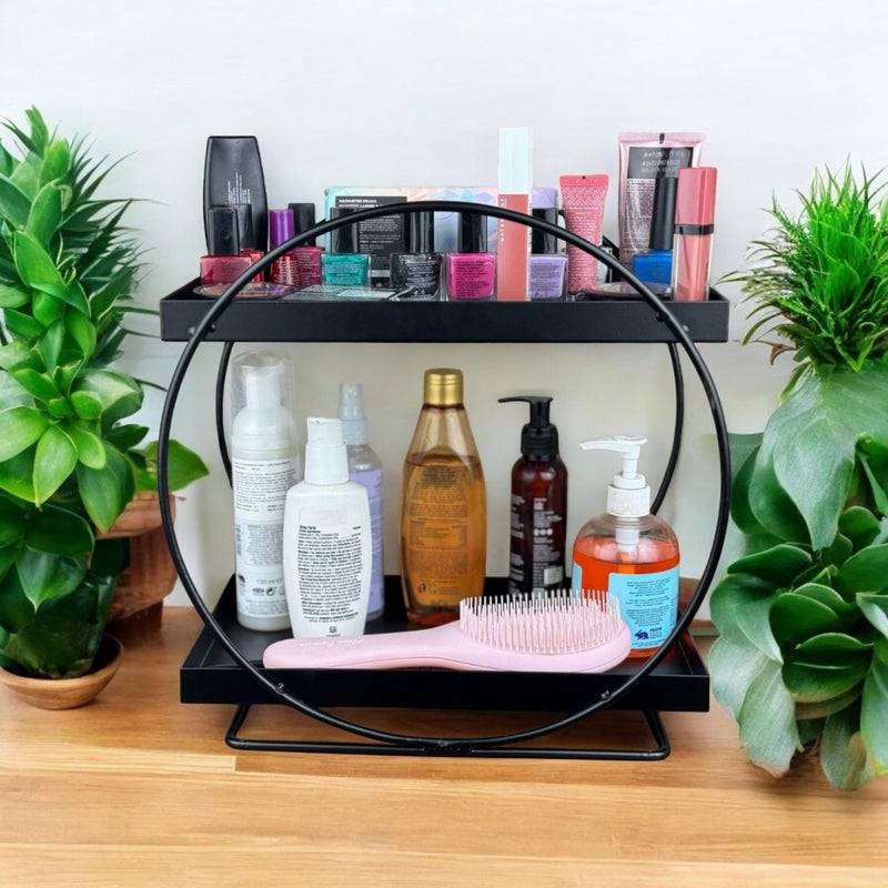 12FOR COLLECTION 2-Tier Metal Vanity Storage Organizer | Freestanding Rack for Kitchen, Bathroom, & Office | Space-Saving Countertop Shelf for Toiletries, Makeup, & Accessories (Black) 17x30x33cm - Image 2