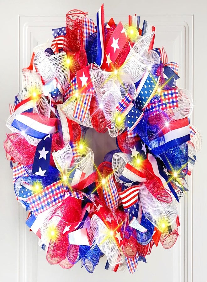 چوينت إكليل وطني من جونتي مقاس 17.72 بوصة للباب الأمامي مع شبكة خفيفة، أكاليل حمراء وبيضاء وزرقاء، زينة باب أمامي على شكل نجمة وعلم أمريكي ليوم الذكرى، زينة باب أمامي ليوم الاستقلال ويوم المحاربين القدامى، للاستخدام الداخلي والخارجي للمنزل - Image 1