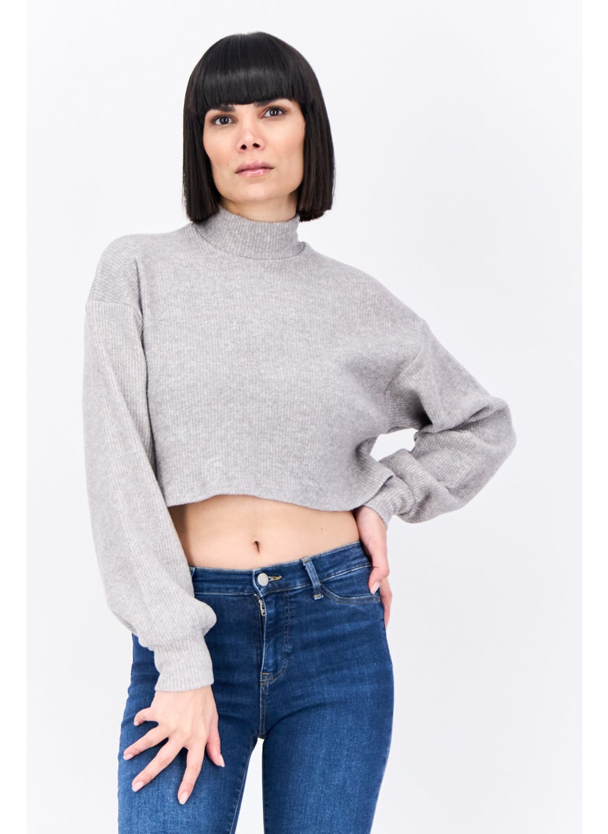 Bershka Women Mock Neck Rib Sweater, Grey  - Image 1