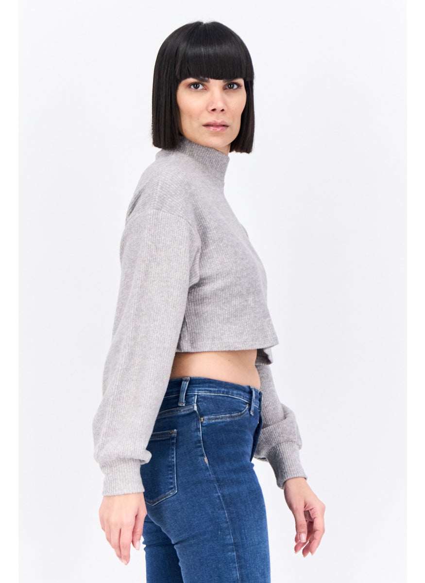 Bershka Women Mock Neck Rib Sweater, Grey  - Image 2