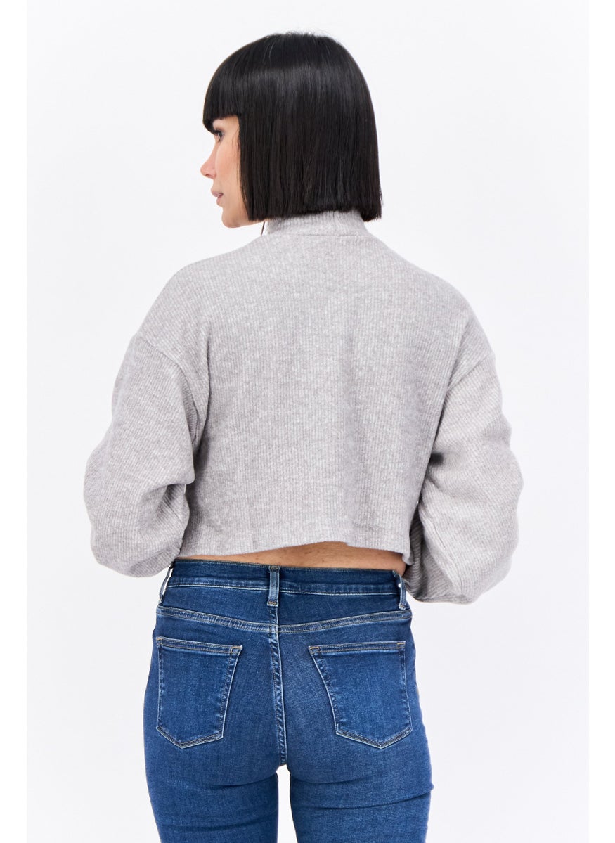 Bershka Women Mock Neck Rib Sweater, Grey  - Image 3