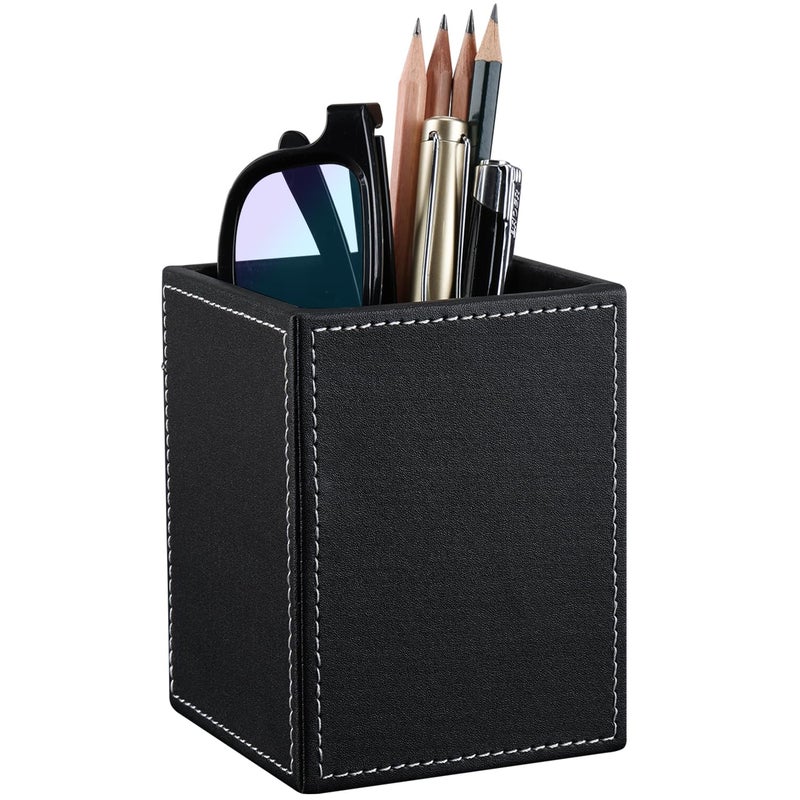 KINGFOM PU Leather Square Pens Pencils Holder Cup Desktop Stationery Organizer Case Office Accessories Container Box black - Image 2