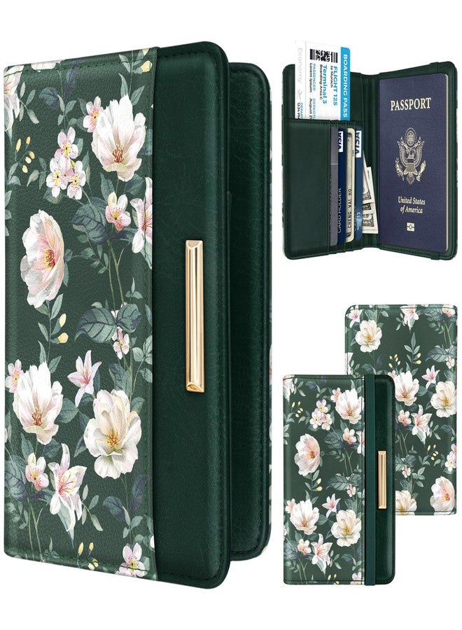 Coco Rossi Passport Holder Cover Travel RFID Blocking Passport Cover Rose Gold Cute Flowers Passport Wallet with Elastic Band for Women, Alpine Green - Image 2