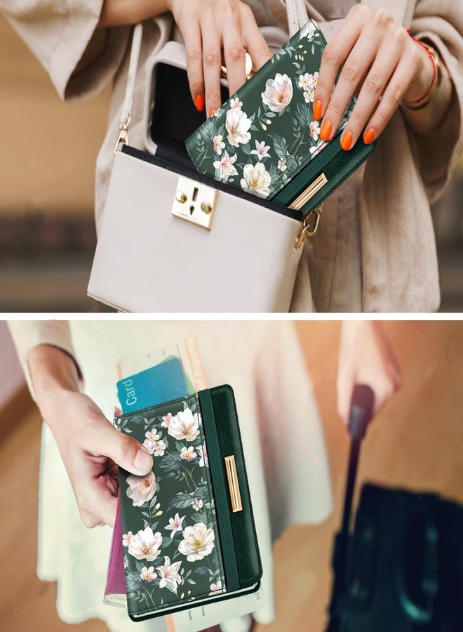 Coco Rossi Passport Holder Cover Travel RFID Blocking Passport Cover Rose Gold Cute Flowers Passport Wallet with Elastic Band for Women, Alpine Green - Image 4
