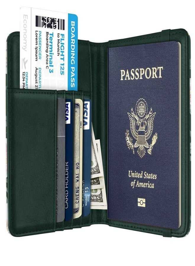 Coco Rossi Passport Holder Cover Travel RFID Blocking Passport Cover Rose Gold Cute Flowers Passport Wallet with Elastic Band for Women, Alpine Green - Image 3