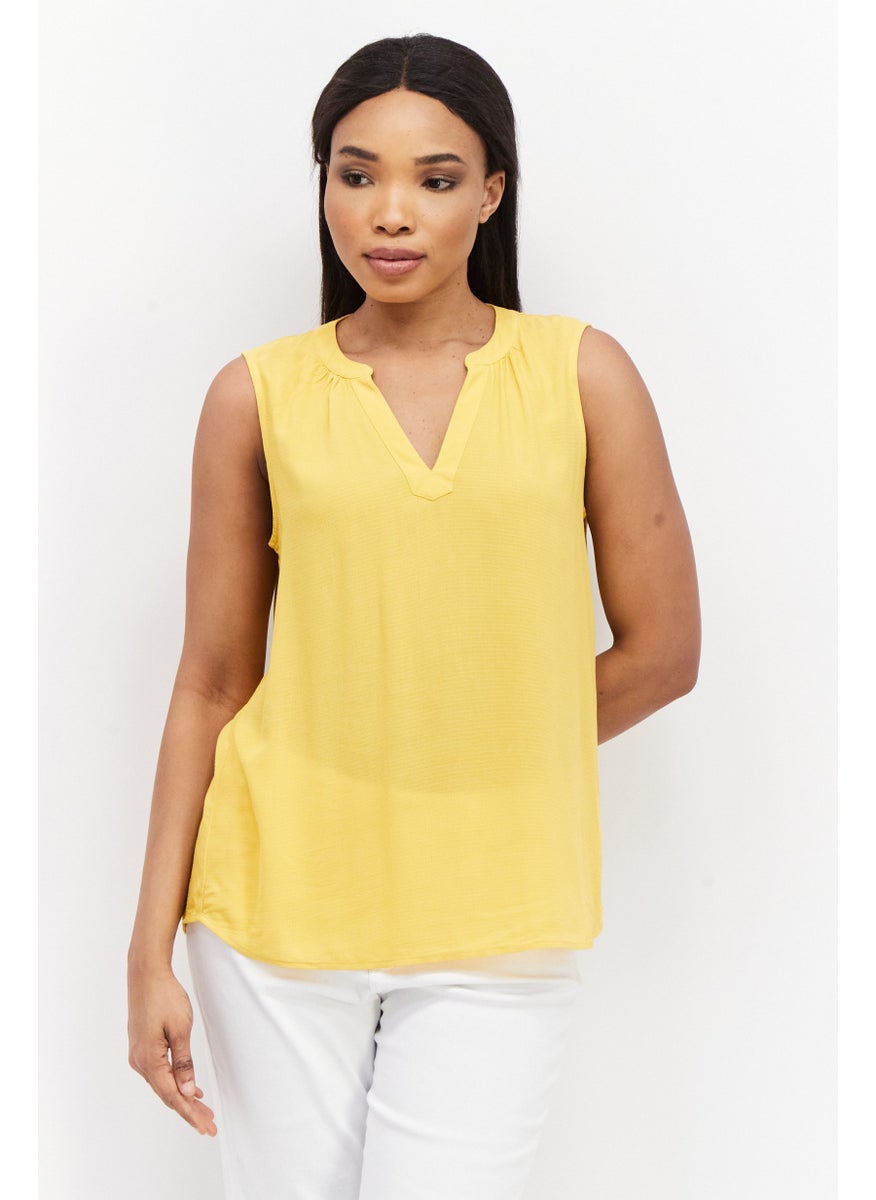 Zero Women Split Neck Sleeveless Textured Top, Mustard  - Image 1