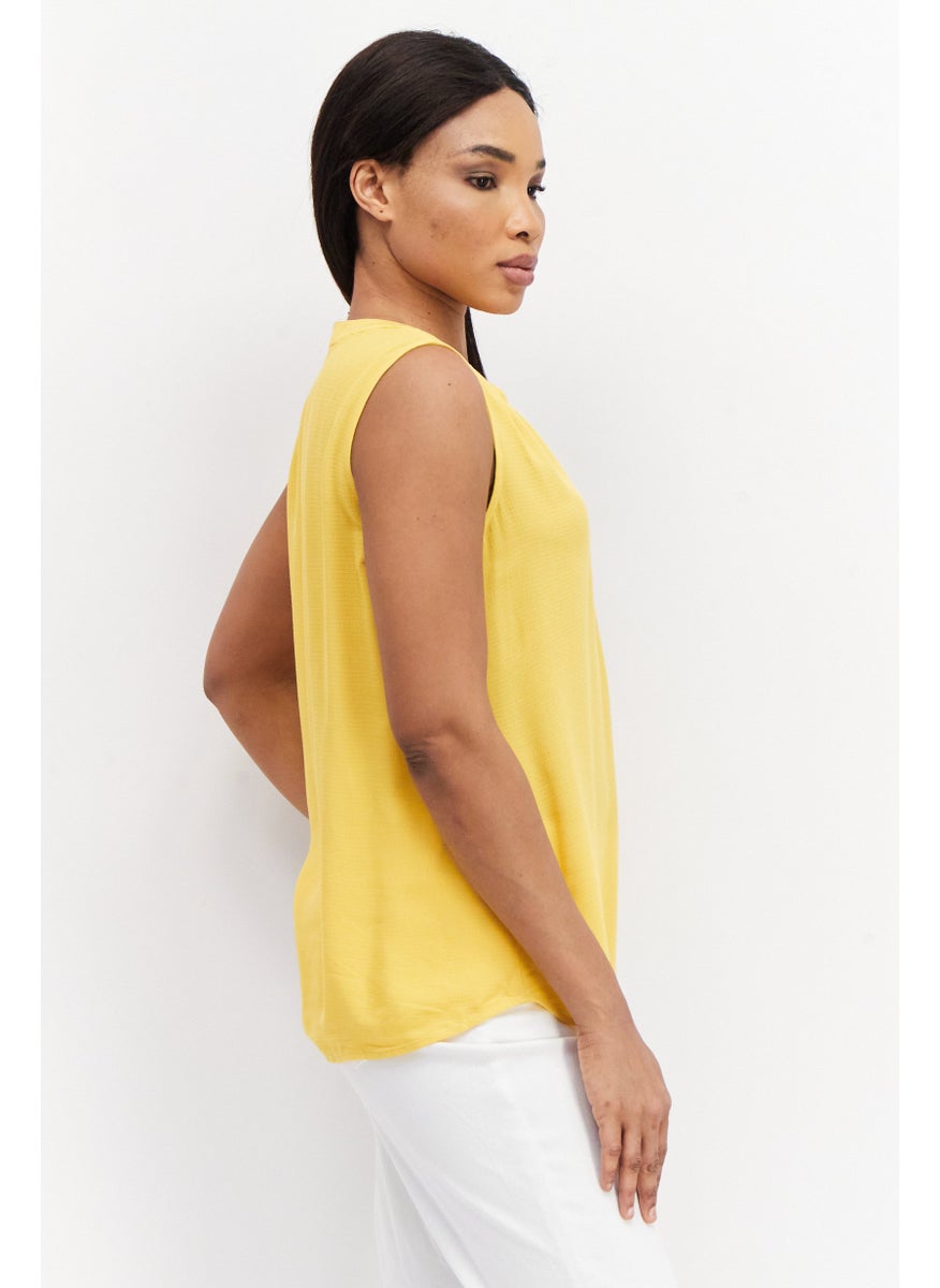 Zero Women Split Neck Sleeveless Textured Top, Mustard  - Image 3
