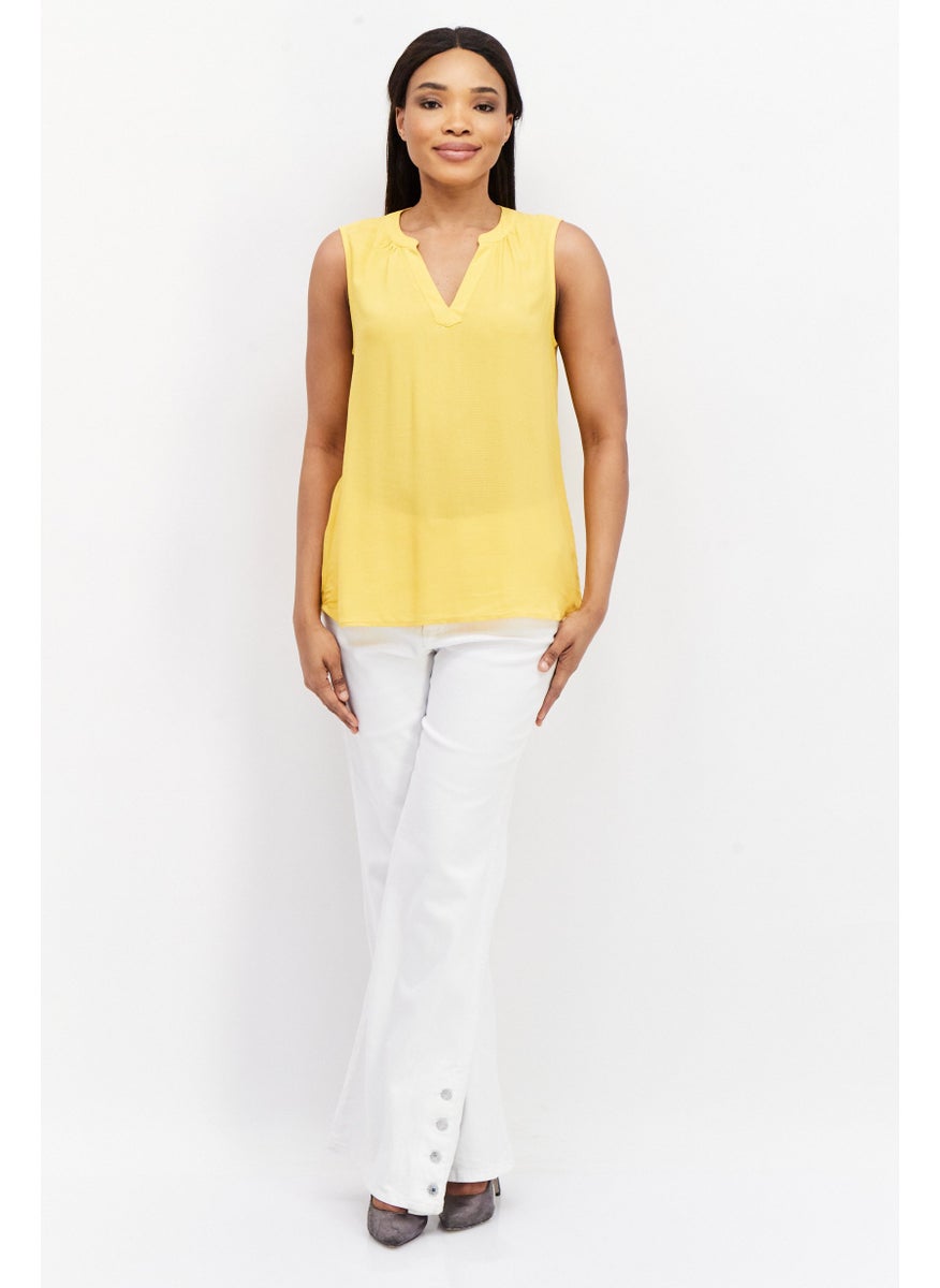 Zero Women Split Neck Sleeveless Textured Top, Mustard  - Image 4