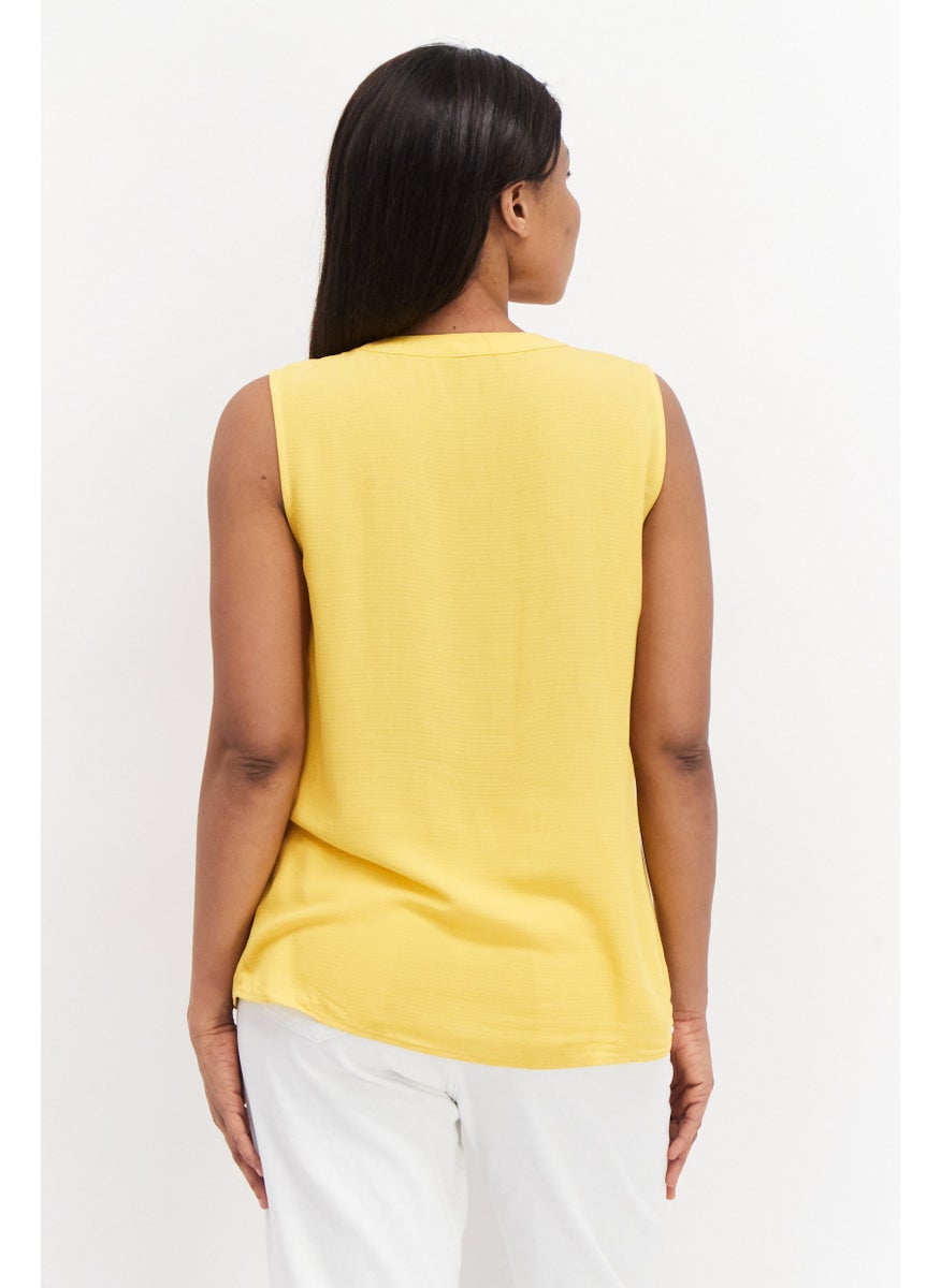 Zero Women Split Neck Sleeveless Textured Top, Mustard  - Image 2