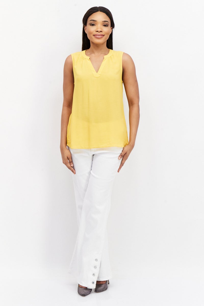 Zero Women Split Neck Sleeveless Textured Top, Mustard - Image 2