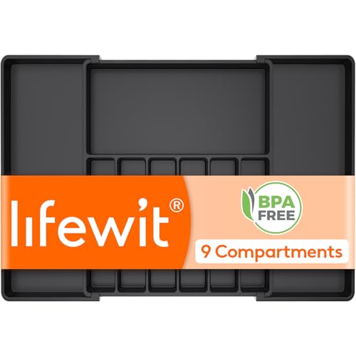 Lifewit Silverware Drawer Organizer, Expandable Utensil Tray for Kitchen, BPA Free Flatware and Cutlery Holder, Adjustable Plastic Storage for Spoons Forks Knives, 18- 33 x 18.5", Black - Image 1