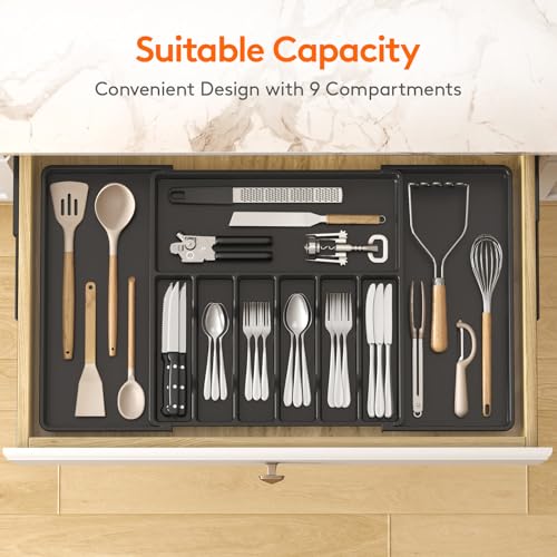 Lifewit Silverware Drawer Organizer, Expandable Utensil Tray for Kitchen, BPA Free Flatware and Cutlery Holder, Adjustable Plastic Storage for Spoons Forks Knives, 18- 33 x 18.5", Black - Image 3
