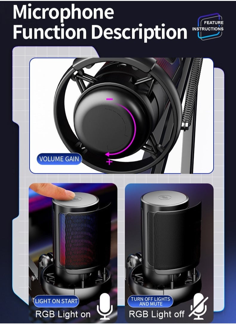 Joshberg - USB Gaming Microphone , Condenser Mic with Boom Arm for PC PS4/ PS5/ Mac/Phone with Touch Mute, RGB Lighting,Gain knob &  for Streaming,Podcasting - Image 1