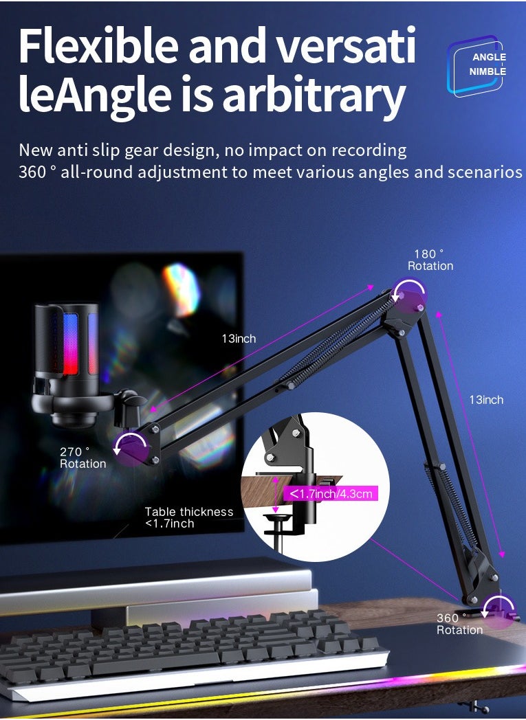 Joshberg - USB Gaming Microphone , Condenser Mic with Boom Arm for PC PS4/ PS5/ Mac/Phone with Touch Mute, RGB Lighting,Gain knob &  for Streaming,Podcasting - Image 1