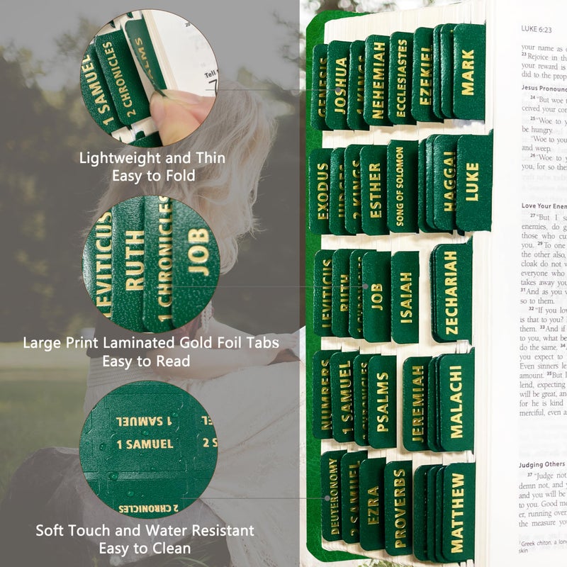 Erilano Bible Tabs for Women Men - 80 Large Gold Foil Laminated Green Leather Paper Index Tabs, 66 Old New Testament + 14 Blank Self-Stick Bible Journaling Supplies, Easy to Read & Navigate - Image 2