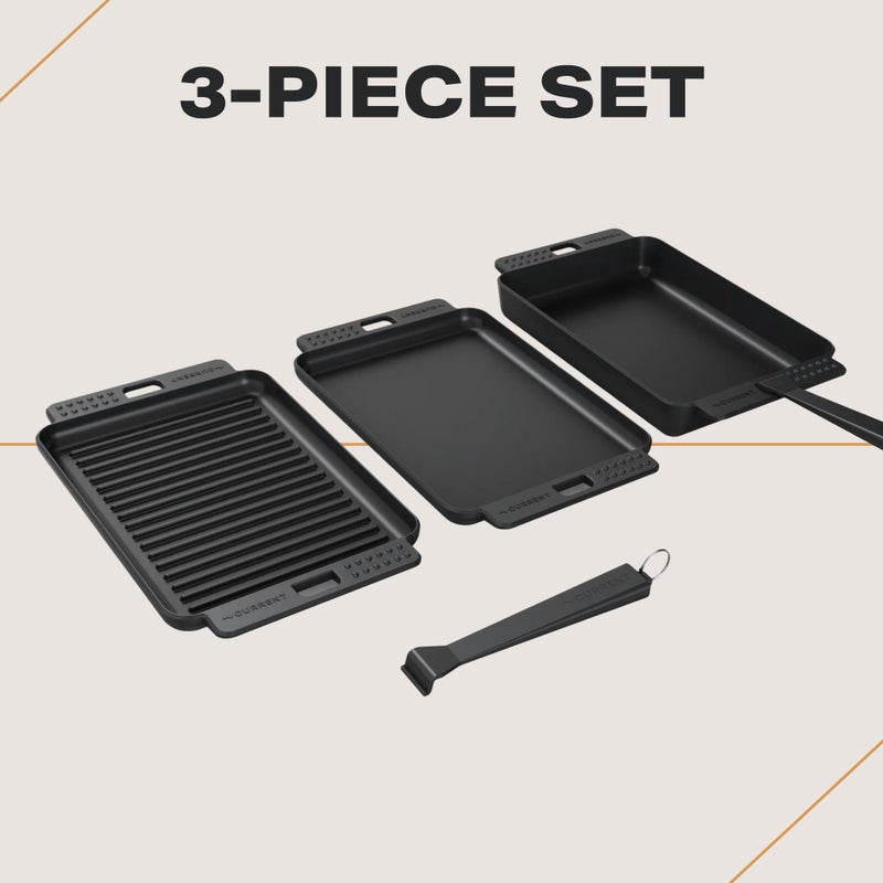 Current Cast Iron Sizzle Plates 3-Piece Set - Deep Pan, Shallow Pan, Grill Pan with Removable Handle, Pre-Seasoned, Heat Retention, Compatible Model P Pizza Oven - Image 4