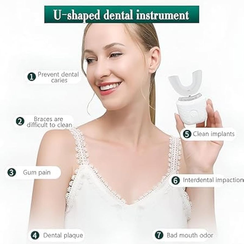 LED Whitening Toothbrush - Ultrasonic U-shaped design with 360° coverage, wireless charging, 3 modes, IPX7 waterproof, sleek white finish for bright smiles - Image 4