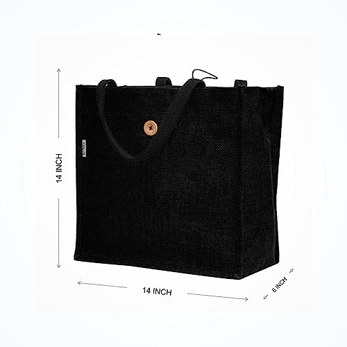 JUTEKA Unisex-adult Button And Loop Black Color Eco-Friendly Tote Jute Bag With Wooden Button - Image 5