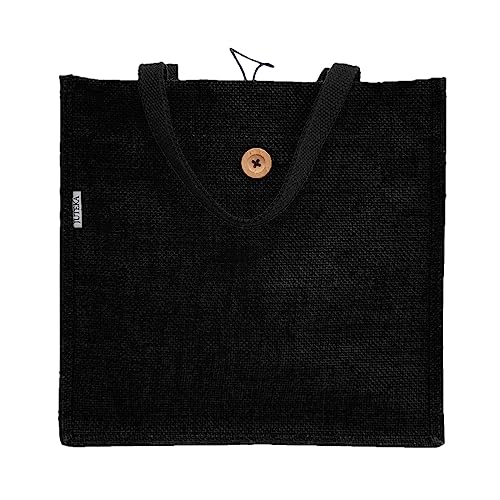JUTEKA Unisex-adult Button And Loop Black Color Eco-Friendly Tote Jute Bag With Wooden Button - Image 3