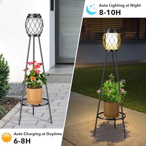 MXwcy Solar Lights Outdoor with Plant Stands 2 Pack, Solar Floor Lamp Metal Tripod Patio Lights for Garden Yard Pathway Driveway Front/Back Porch Decoration - Image 2