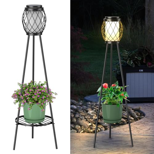 MXwcy Solar Lights Outdoor with Plant Stands 2 Pack, Solar Floor Lamp Metal Tripod Patio Lights for Garden Yard Pathway Driveway Front/Back Porch Decoration - Image 1