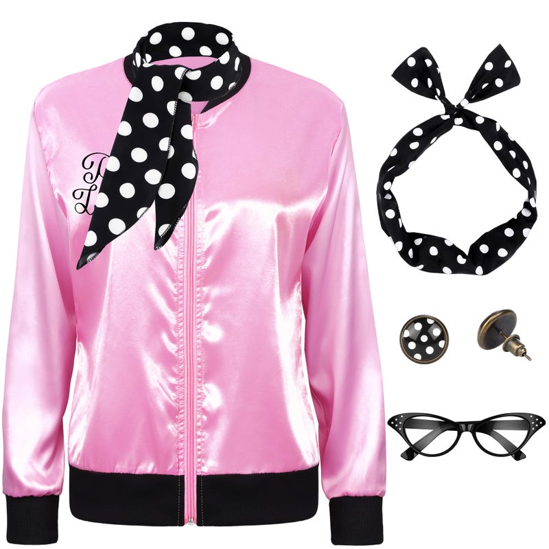 SOMSOC 5 Pieces 1950s Women Pink Satin Jacket with Polka Dot Scarf Headband Earrings Eye Glasses Halloween Party Costume Set - Image 1