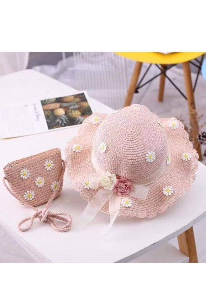 Toddler Baby Girls Wide Brim Straw Sun Hat with Shoulder Bag Set Cute Beach Cap  - Image 2