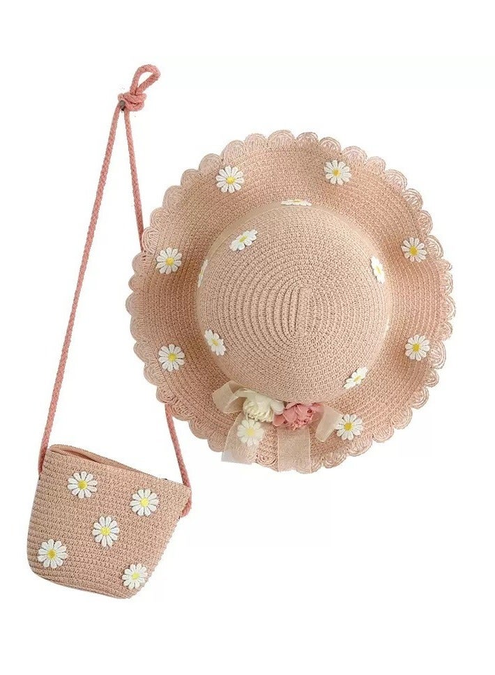 Toddler Baby Girls Wide Brim Straw Sun Hat with Shoulder Bag Set Cute Beach Cap  - Image 3