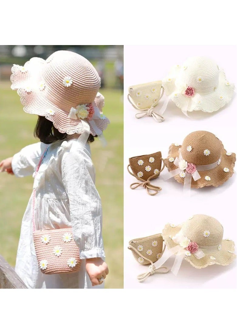 Toddler Baby Girls Wide Brim Straw Sun Hat with Shoulder Bag Set Cute Beach Cap  - Image 4
