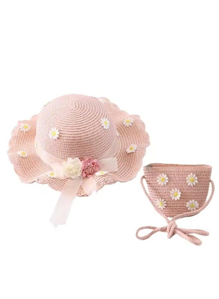 Toddler Baby Girls Wide Brim Straw Sun Hat with Shoulder Bag Set Cute Beach Cap  - Image 1