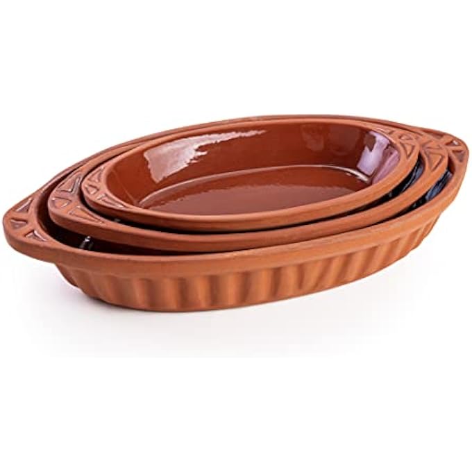 ريحني صينية فرن بيضاوية من الطين مع مقابض صينية للأطباق المكسيكية الهندية الكورية أواني طهي يدوية قدر طيني مزجج للفرن قدر فخاري للطهي صينية طينية للطهي مجموعة قدر الفرن البني 3 - Image 1