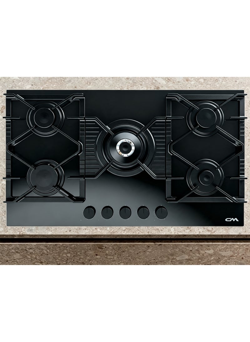 CM FOMASO 905 BG 90cm Gas On Glass Hob – Black Glass Cooktop with Italian SABAF Burners - Image 2