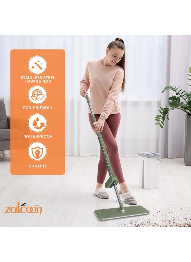 Zalcoon Flat Mop and Bucket with Wheels, 4 Extra Pads, Wet and Dry Mops for Floor Cleaning Microfiber Pad with Long Handle, 360Â° Freely Rotating Head, Cleaning Tool for Multi-Surface Hard Floors  - Image 2