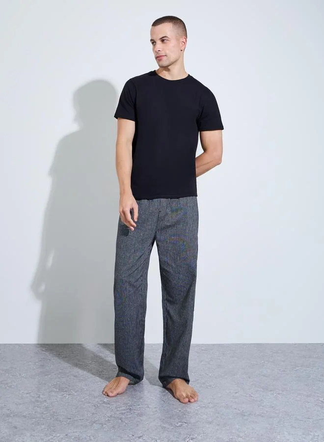 Styli Men Black Solid Crew Neck T-Shirt and Striped Pants Pajama Set