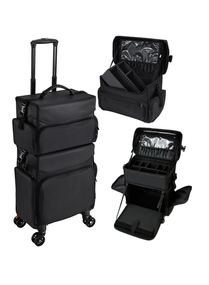 Professional 2 In 1 Cosmetic Trolley Black Nylon Makeup Organizer Travel Train Case - Image 1