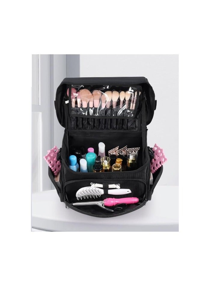 Professional 2 In 1 Cosmetic Trolley Black Nylon Makeup Organizer Travel Train Case - Image 4