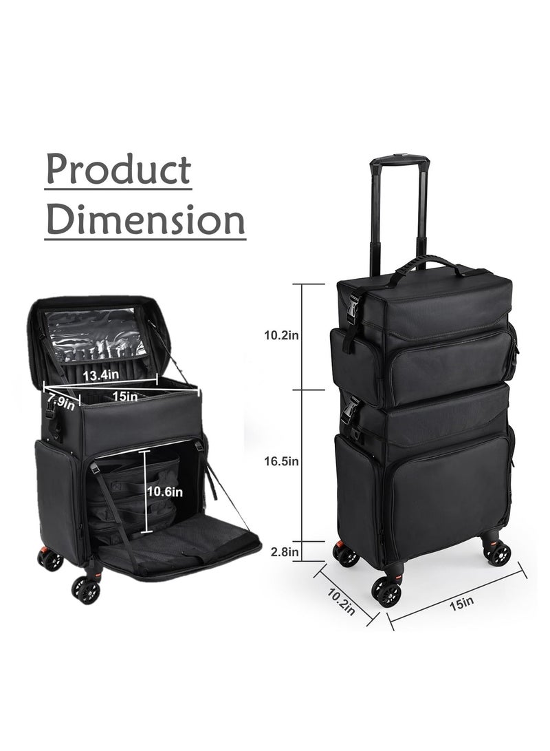 Professional 2 In 1 Cosmetic Trolley Black Nylon Makeup Organizer Travel Train Case - Image 3