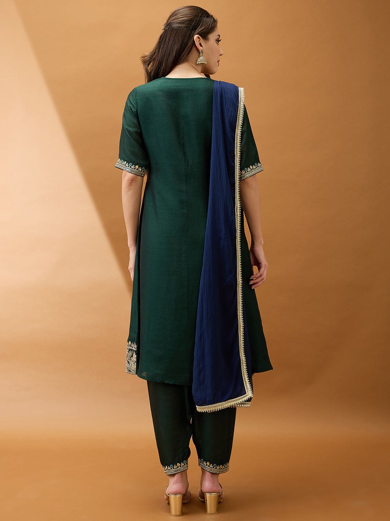 globus Globus Women Green Sequinned Zari Embroidered Yoke A-Line Kurta With Pant & Contrast Dupatta Set  - Image 3