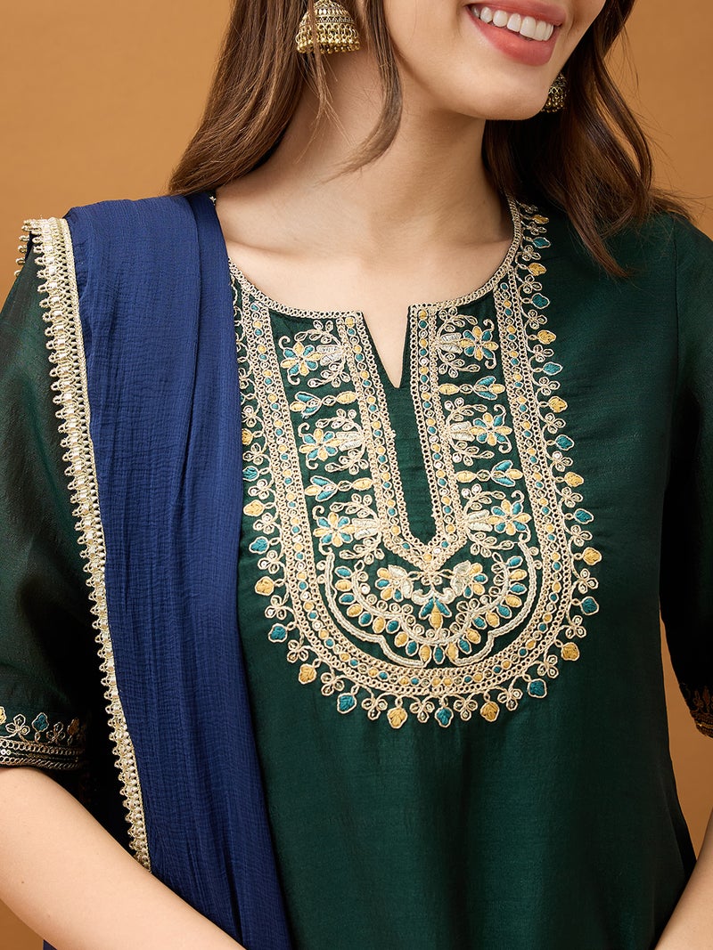 globus Globus Women Green Sequinned Zari Embroidered Yoke A-Line Kurta With Pant & Contrast Dupatta Set  - Image 4