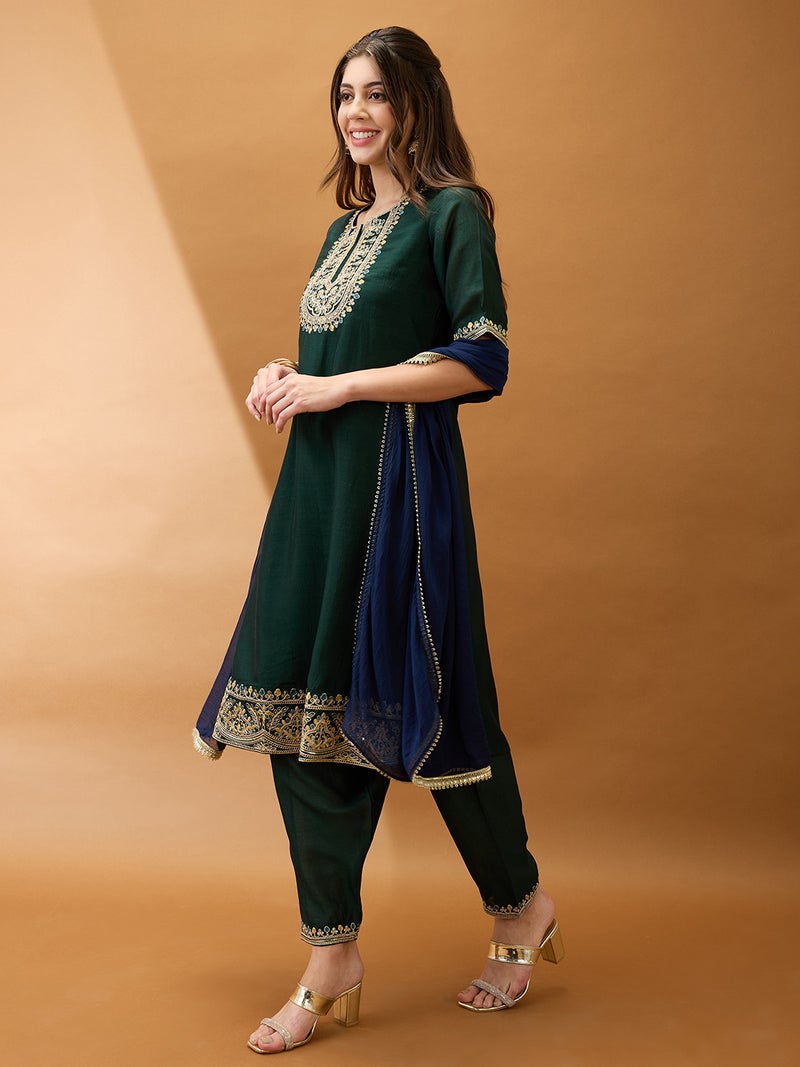 globus Globus Women Green Sequinned Zari Embroidered Yoke A-Line Kurta With Pant & Contrast Dupatta Set  - Image 2
