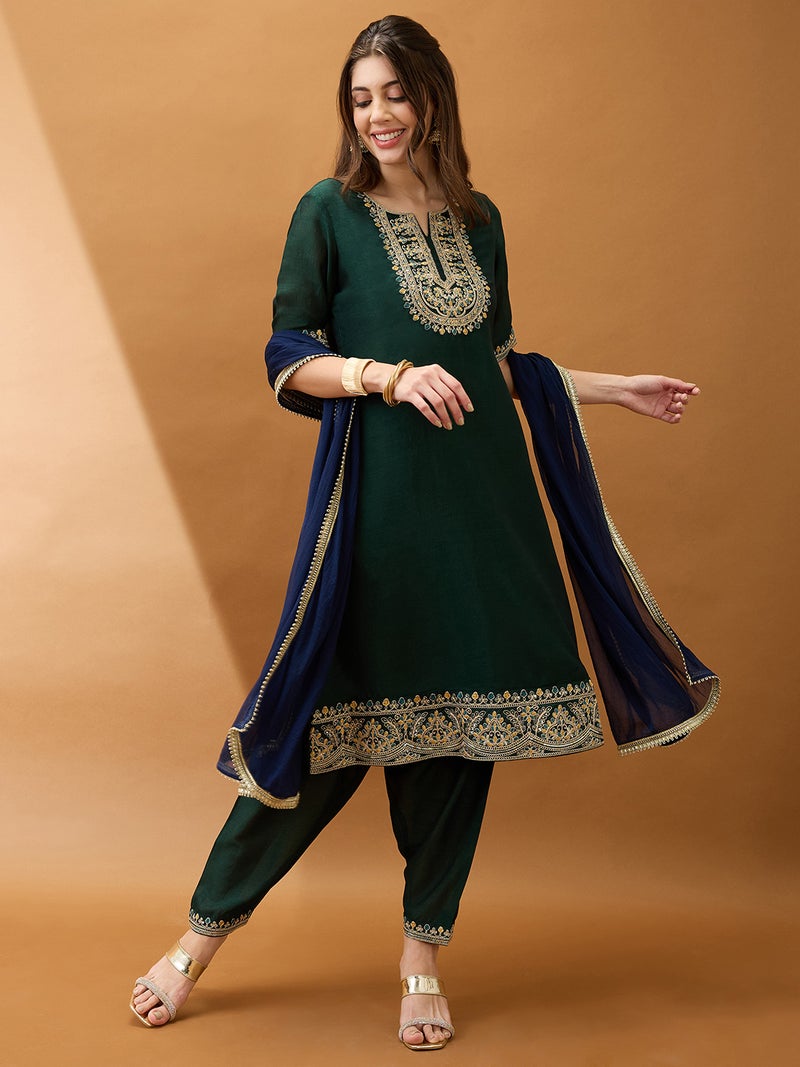 globus Globus Women Green Sequinned Zari Embroidered Yoke A-Line Kurta With Pant & Contrast Dupatta Set  - Image 1