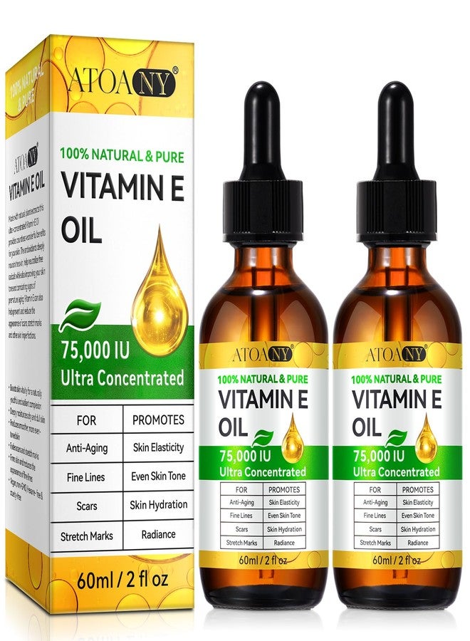 ATOANY Vitamin E Oil 75,000 IU 2 Pack - 100% Pure Vitamin E Oil for Skin, Face, Hair, Body - Natural Antioxidant for Dryness, Wrinkles, Scars & Stretch Marks, Deep Hydration for Soft, Glowing Skin - Image 1