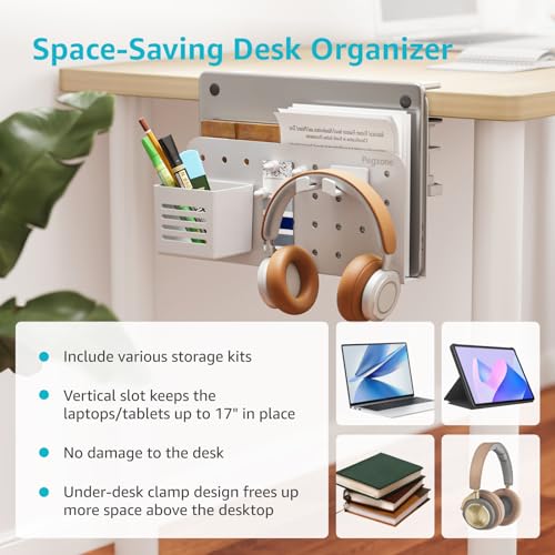 PEGZONE Desk Side Storage Organizer, No Drill Under Desk Laptop Holder, Clamp on Desks Shelf with Pegboard Accessories, Hanging Laptop Mount, Fits Flat Edge 0.4" to 2.2", White - Image 5