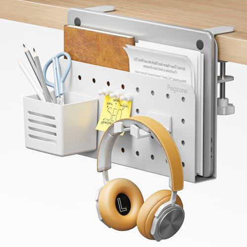 PEGZONE Desk Side Storage Organizer, No Drill Under Desk Laptop Holder, Clamp on Desks Shelf with Pegboard Accessories, Hanging Laptop Mount, Fits Flat Edge 0.4" to 2.2", White - Image 1