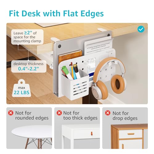 PEGZONE Desk Side Storage Organizer, No Drill Under Desk Laptop Holder, Clamp on Desks Shelf with Pegboard Accessories, Hanging Laptop Mount, Fits Flat Edge 0.4" to 2.2", White - Image 3